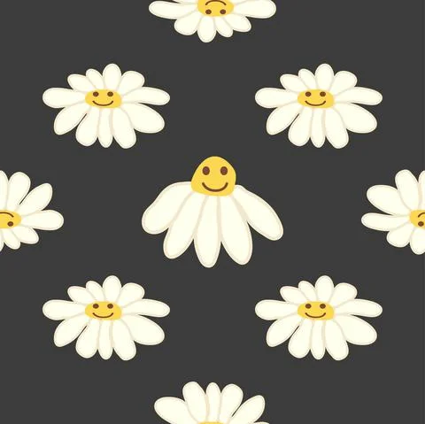 Chamomile smile 1970 pattern. Groovy daisy retro seamless pattern. Positive c Stock Illustration