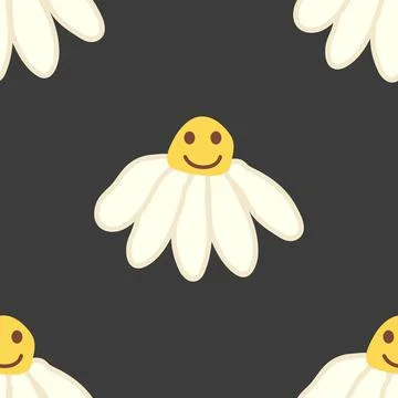 Chamomile smile 1970 pattern. Groovy daisy retro seamless pattern Stock Illustration