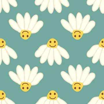 Chamomile smile 1970 pattern. Groovy daisy retro seamless pattern Stock Illustration