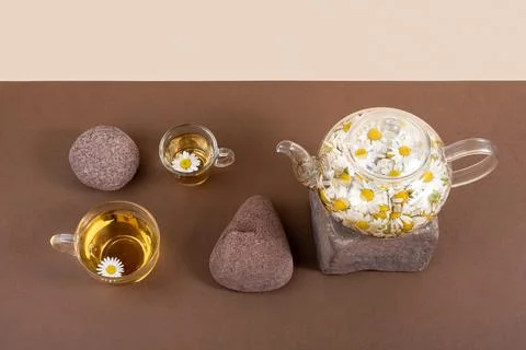 Chamomile tea. Cups of herbal tea, transparent teapot with camomile flowers a Stock Photos