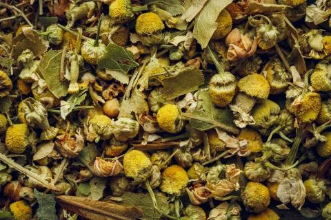 Chamomile tea macro background Stock Photos