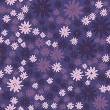 Chamomiles flowers seamless pattern on purple background. Doodle style. Daisi Stock Illustration