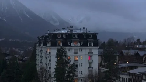 Chamonix Hotel Facade Illuminated at Dusk in the French Alps 库存影片 330966375