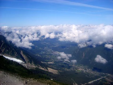 Chamonix valley panoramic aerial view from Aiguille du Midi mountain Stock Photos
