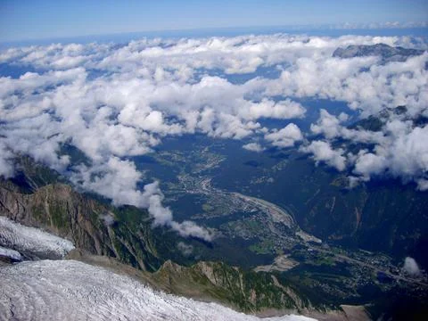 Chamonix valley panoramic aerial view from Aiguille du Midi mountain Stock Photos