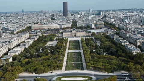 Champ de Mars Park Axis Leading to École Militaire, Paris Aerial Stock Footage 345516754