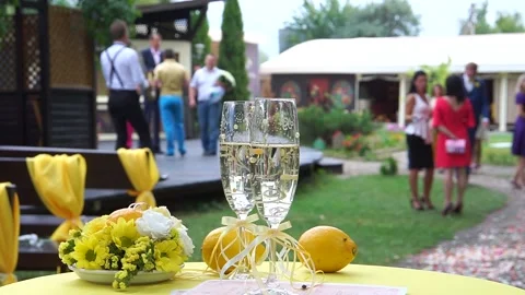 Champagne against the background of guests Stock Footage 138385322