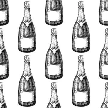 Champagne bottle seamless pattern. Hand drawn isolated vector illustration... Stock Illustration