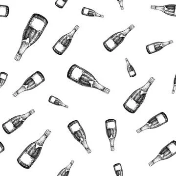 Champagne bottle seamless pattern. Hand drawn isolated vector illustration... Stock Illustration