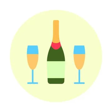 Champagne bottle two glasses flat line circle icon Stock Illustration