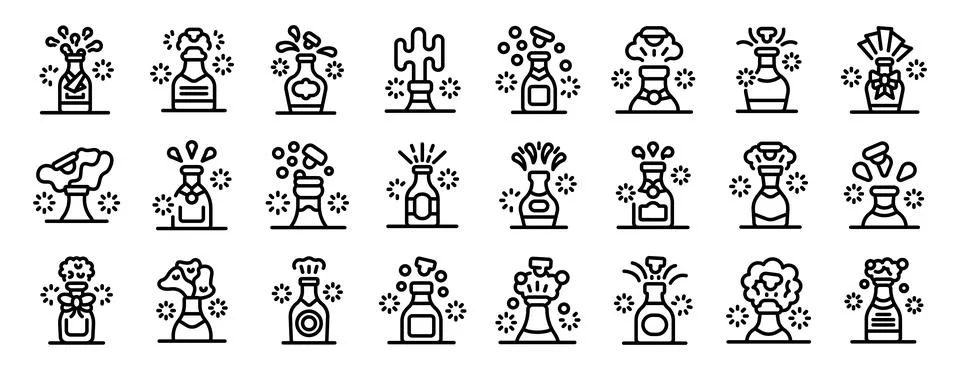 Champagne explosion vector icon. A collection of black and white icons of Stock Illustration