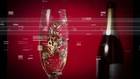Champagne flute with bubbles, dark olive dropping, forming twisting column, Stock Footage 321889529