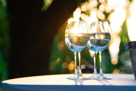 Champagne glasses on the buffet table. Table setting for a buffet at a party. Stock Photos