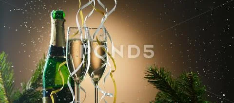 Champagne glasses decorated ribbons. Merry Christmas and happy new year Stock Photos