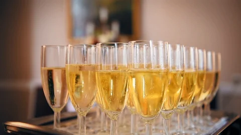 Champagne glasses on a tray at a reception Stockbeeldmateriaal 91431349