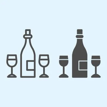 Champagne line and solid icon. Holiday celebration drink, bottle and glass Illustrazione stock