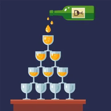 Champagne is poured into a pyramid from glasses. festive table decoration made Illustration