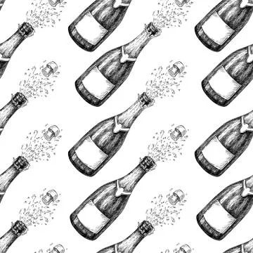 Champagne seamless pattern. Bottle explosion. Hand drawn isolated vector Illustrazione stock