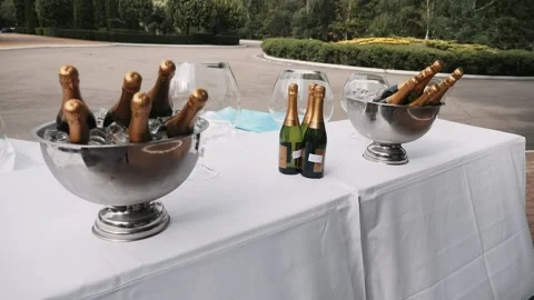 Champagne table ready for a festive event Stock Footage 155457854
