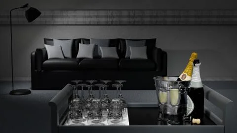 Champagne toast, with lounge background - 3D illustration. Stock-Illustration