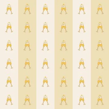 Champagne toast seamless pattern with clinking flutes, gold line outline and Stock Illustration