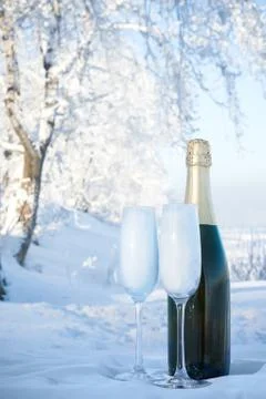 Champagne on winter background Stock Photos