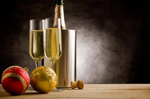 Champagner with christmas balls Stock Photos