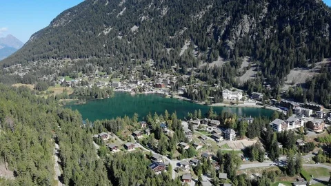 Champex iconic swiss village nested in the Alps - Switzerland Stock Footage 96109434