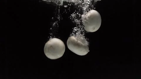 Champignon drops in water in slow motion. on a black background Stock Footage 131036683