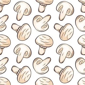 Champignon mushroom seamless pattern in line art, cartoon style. Great for menu Stock Illustration