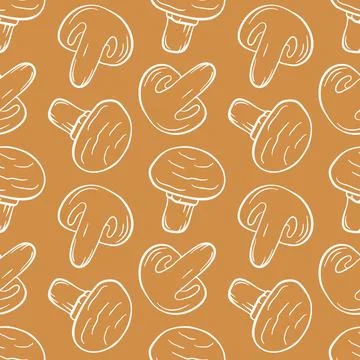 Champignon mushroom seamless pattern in line art style. Great for menu, label Illustrazione stock