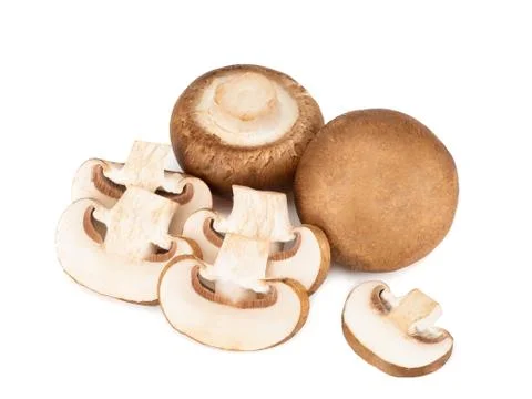 Champignons and five their slices isolated on a white background Stock Photos