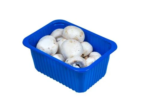 Champignons in plastic packaging isolated on white. Stock Photos