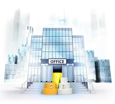 Champion stand in front of office building as business city concept render Ilustración de archivo