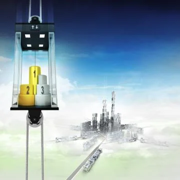 Champion stand in sky space elevator concept above city illustration Stock Illustration