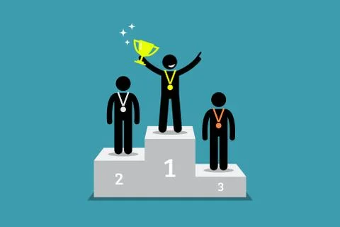 Champion standing on a podium with first and second runner up. Stock Illustration