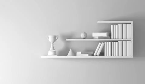 Champion trophy placed on white empty interior book shelf. Stock Illustration