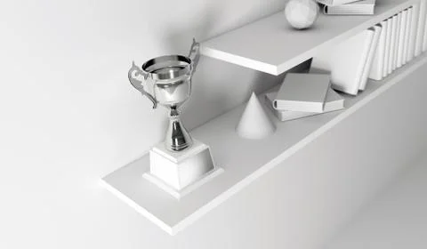 Champion trophy placed on white empty interior book shelf. Stock Illustration