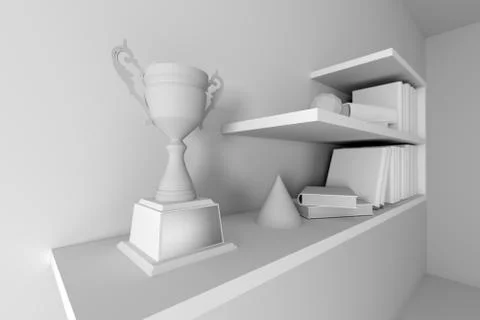 Champion trophy placed on white empty interior book shelf. Stock Illustration