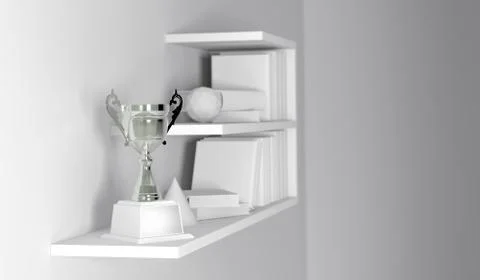 Champion trophy placed on white empty interior book shelf. Stock Illustration