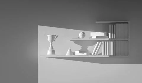 Champion trophy placed on white empty interior book shelf. Stock Illustration