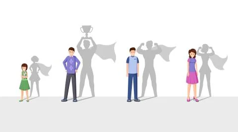 Champions flat vector illustration. Smiling people with superhero shadow Stock Illustration