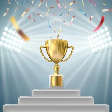 Championship trophy surrounded by falling confetti. 3d realistic vector golden Stock Illustration