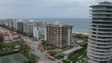 Champlain Towers Partially Collapse Surfside Miami Beach Florida Aerial Drone Stock Footage 156223205