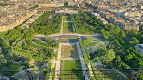Champs de Mars park and Montparnasse tower seen from the Eiffel Tower in Paris Stock Footage 194415552