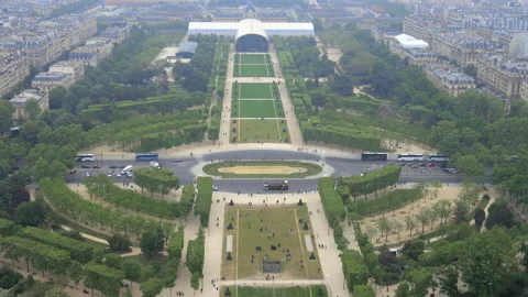 Champs de Mars seen from the second floor of the Eiffel Tower in Paris, France Stock Footage 200868083