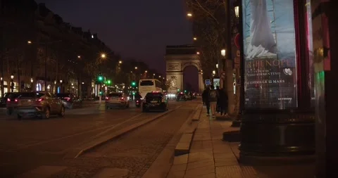Champs Élysées and Arc de Triomphe at night Stock Footage 308742457
