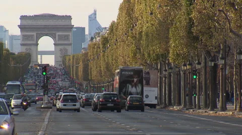 Champs Elysées with Arc de Triomphe (left of center axis) Stock Footage 59311850