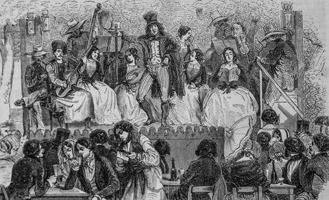 Champs elysees, singers in front of the cafe morel, painting of paris by edmo Stock Illustration