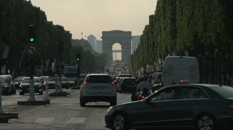 Champs-Elysees Traffic with Arc de Triomphe in Background 2 Stock Footage 52792571